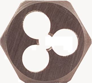 A hexagonal threading die with three circular cutting edges, used for cutting external threads on round bars.