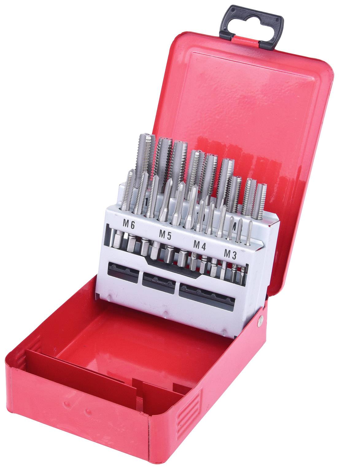 A red casing with thread cutters in various sizes: M3, M4, M5, M6. Ideal for threading metal.