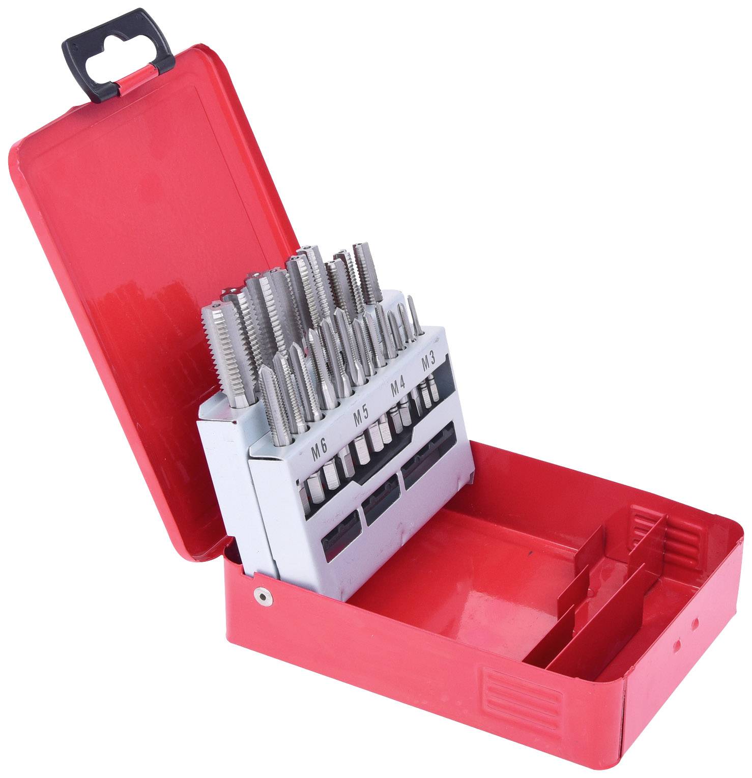 A red case containing a set of tapping dies from sizes M3 to M6. The tapping dies are neatly arranged in the case.