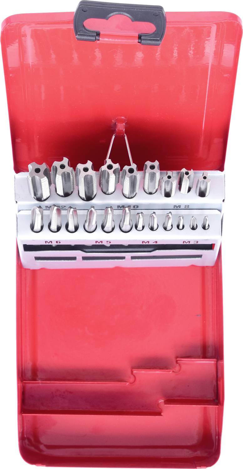 Set of metal bits in various sizes in a red plastic case, opened and standing upright. They serve as tool attachments.