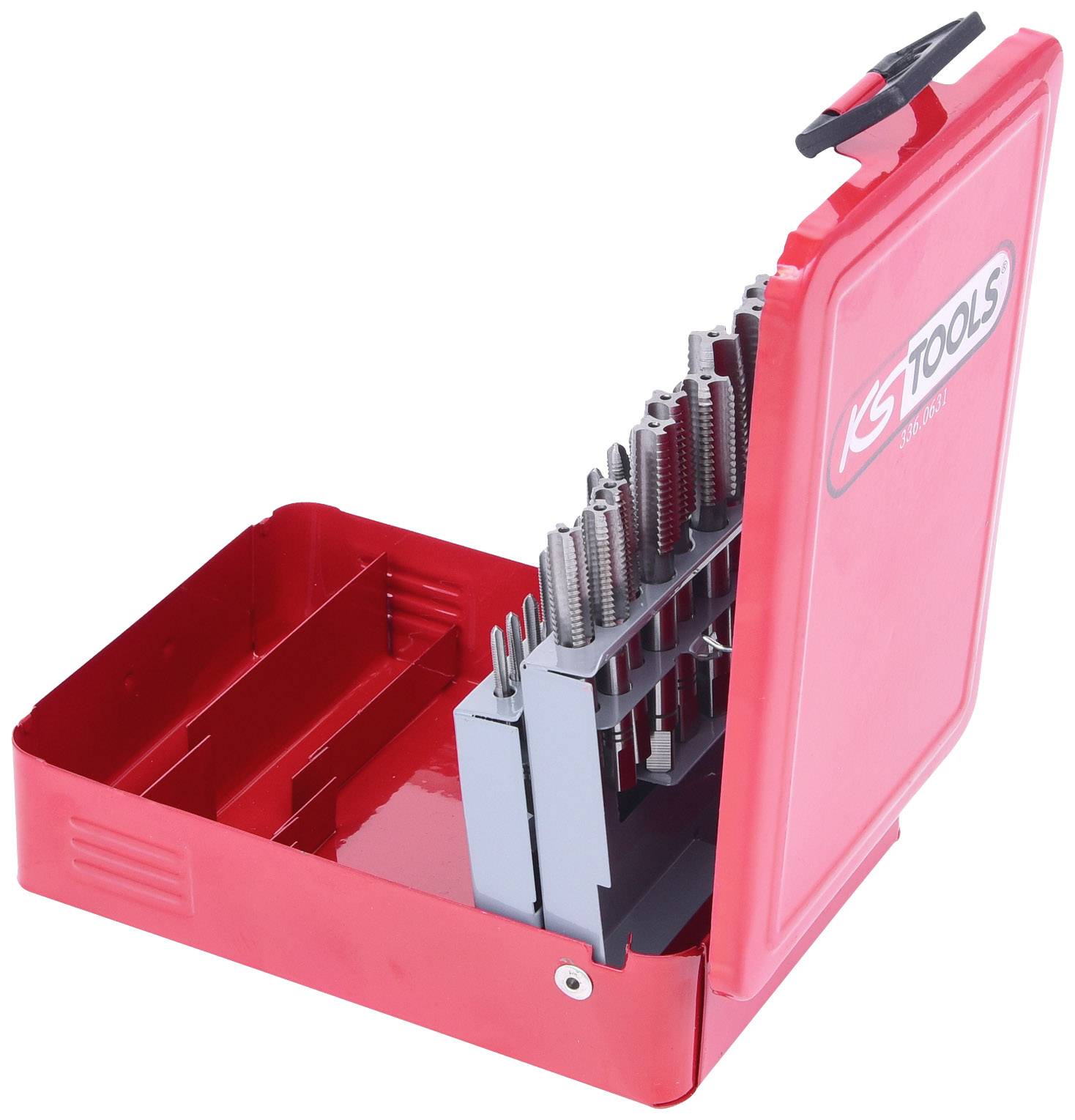Open red toolbox with a tap and die set, organised in rows.