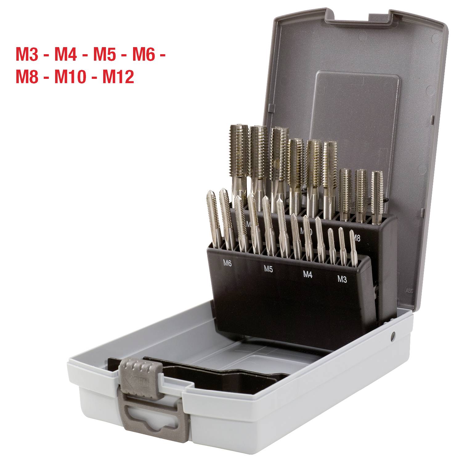 An open toolbox with tapping drills in various sizes (M3 to M12) organised in compartments.