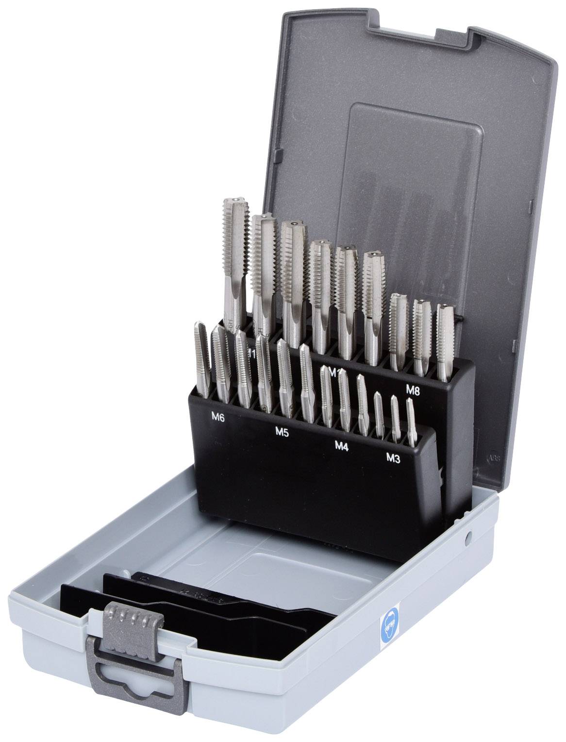An open toolbox with a set of cutting tools, marked from M3 to M8, for thread manufacturing.