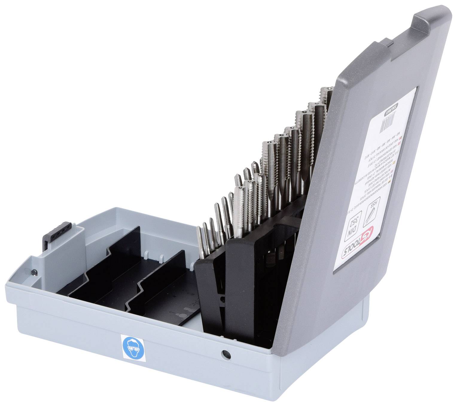 Metal drill bit set in a grey plastic box, standing upright with some drill bits partially extracted.