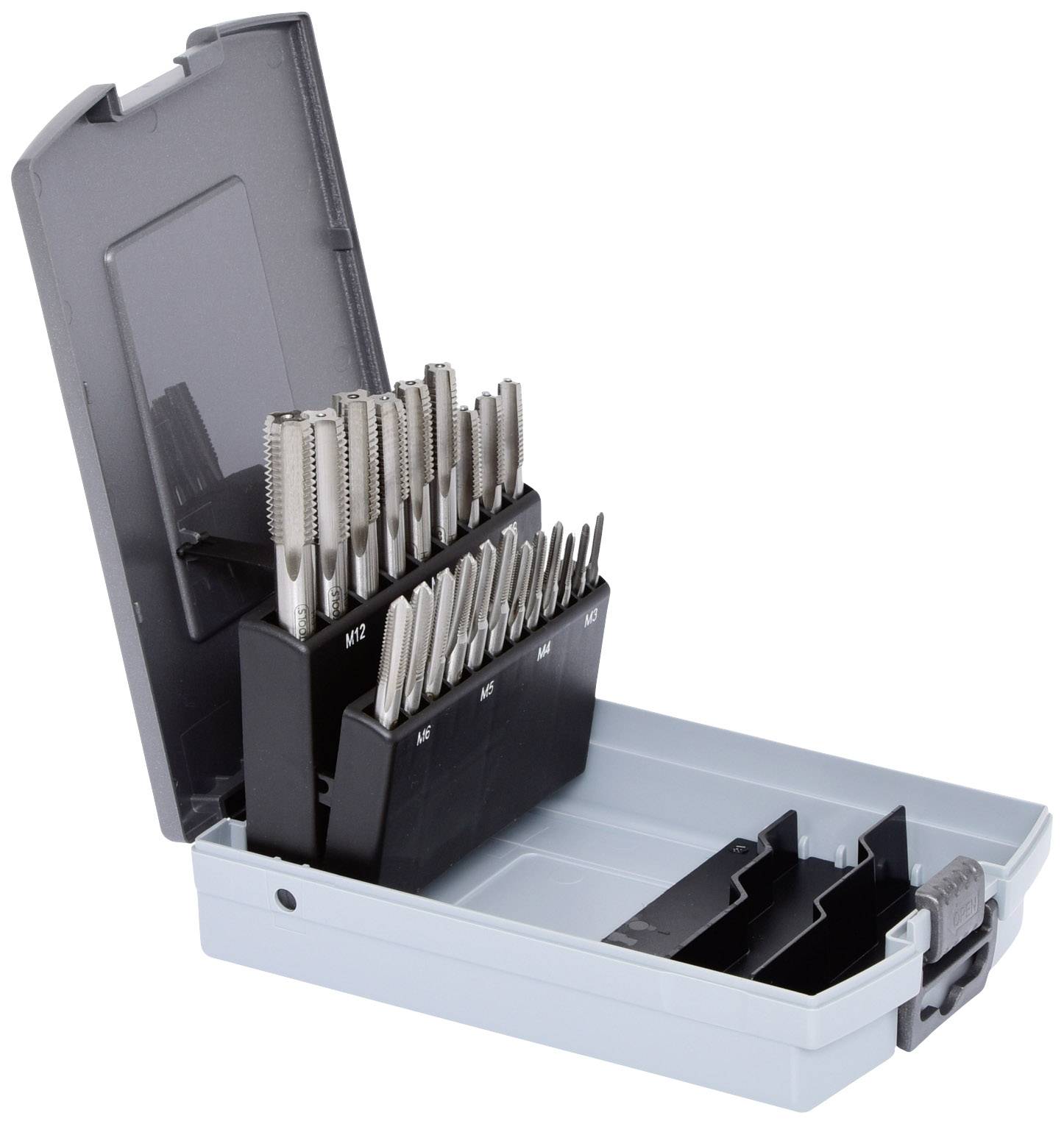 A set of tapping drills in various sizes, organised in a grey box.