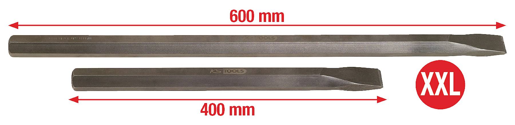 Two chisels in different sizes: the upper one measures 600 mm, the lower one 400 mm. A red 'XXL' emphasises the larger size.