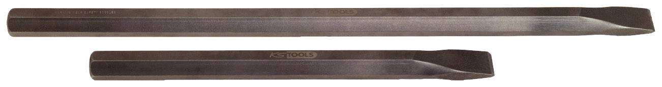 Two elongated, metallic chisels on a white background, one larger than the other.