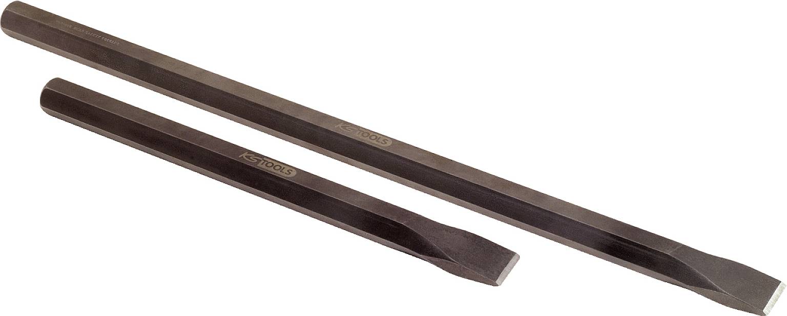 Two flat chisels, one longer than the other, are lying side by side. They are rectangular in shape and made of metal.