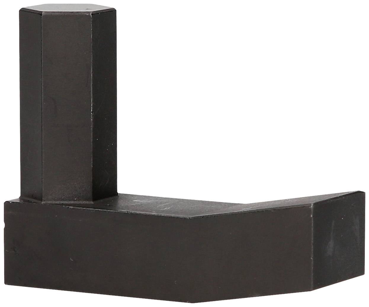 Black L-shaped metal object with a right angle.