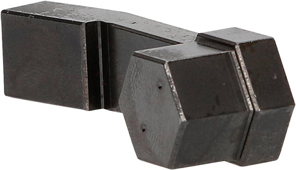 A metallic component with a hexagonal and a rectangular shape, likely part of a machine or tool component.