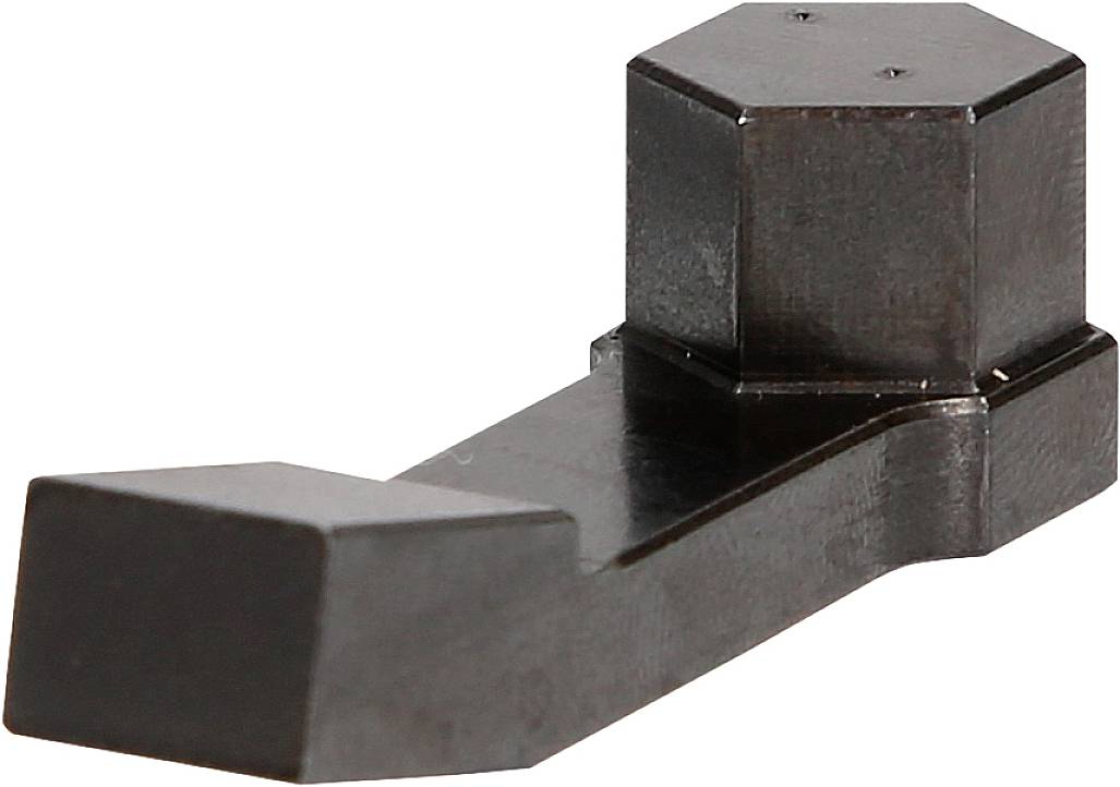 A black, L-shaped metal component with two hexagonal end pieces. It appears to be a mechanical or industrial part.