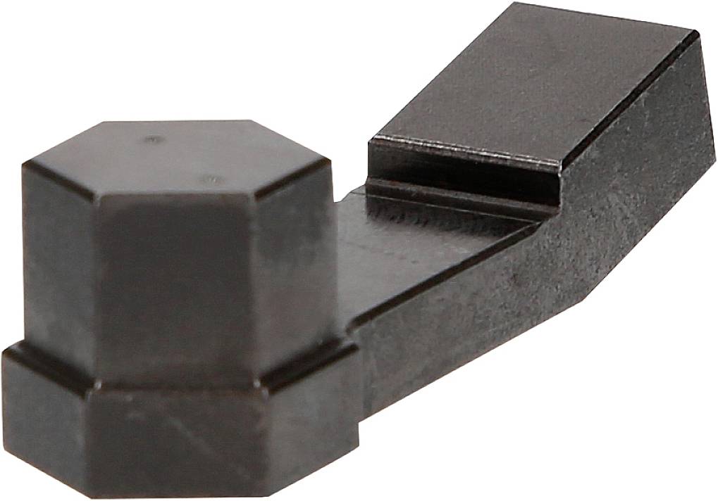 A black, hexagonal plastic object with an angled lever, potentially a specialised connecting component.