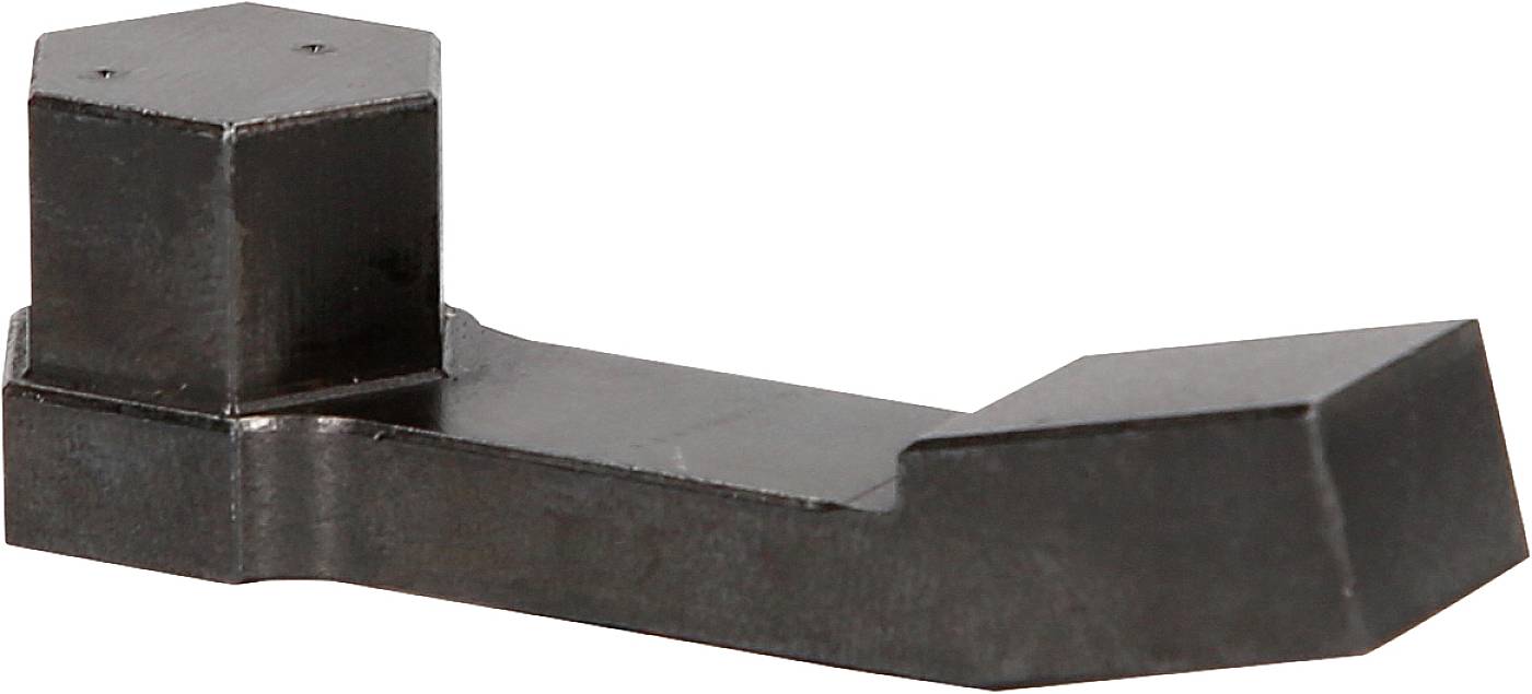 A metal component with a hexagonal and a chamfered end, used in technical applications.