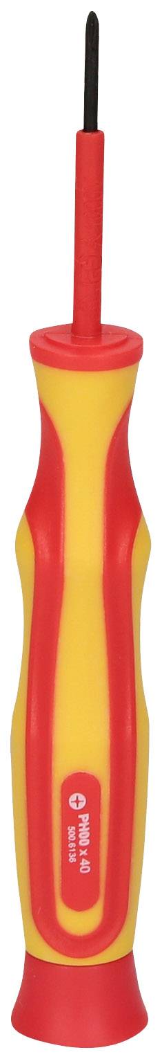 A red and yellow screwdriver with an insulated handle and narrow tip, suitable for fine electrical work.