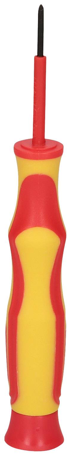 A yellow and red screwdriver with an insulated handle and a slim black blade. Ideal for electrical work.