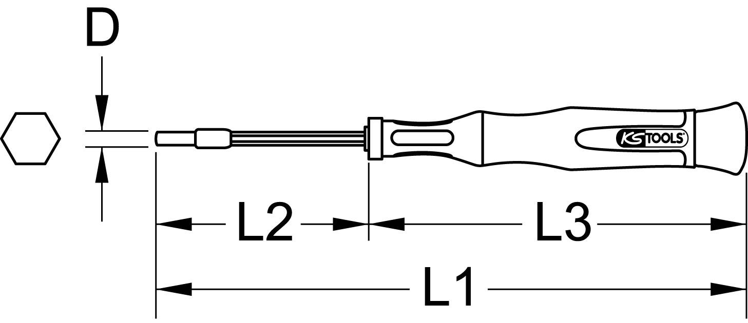 Screwdriver Sketch: shows 'KS Tools' logo, various length sections L1, L2, L3 and head size D.