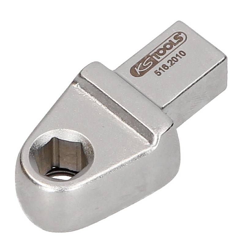 A silver-coloured adapter with a hexagonal connection at the top and a round connection at the bottom. The brand name and model number are engraved.