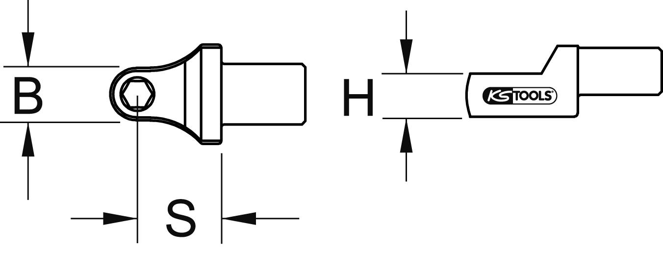 Technical drawing of a tool adapter. Markings 'B', 'S', and 'H' indicate dimensions. 'KS TOOLS' visible on one side.