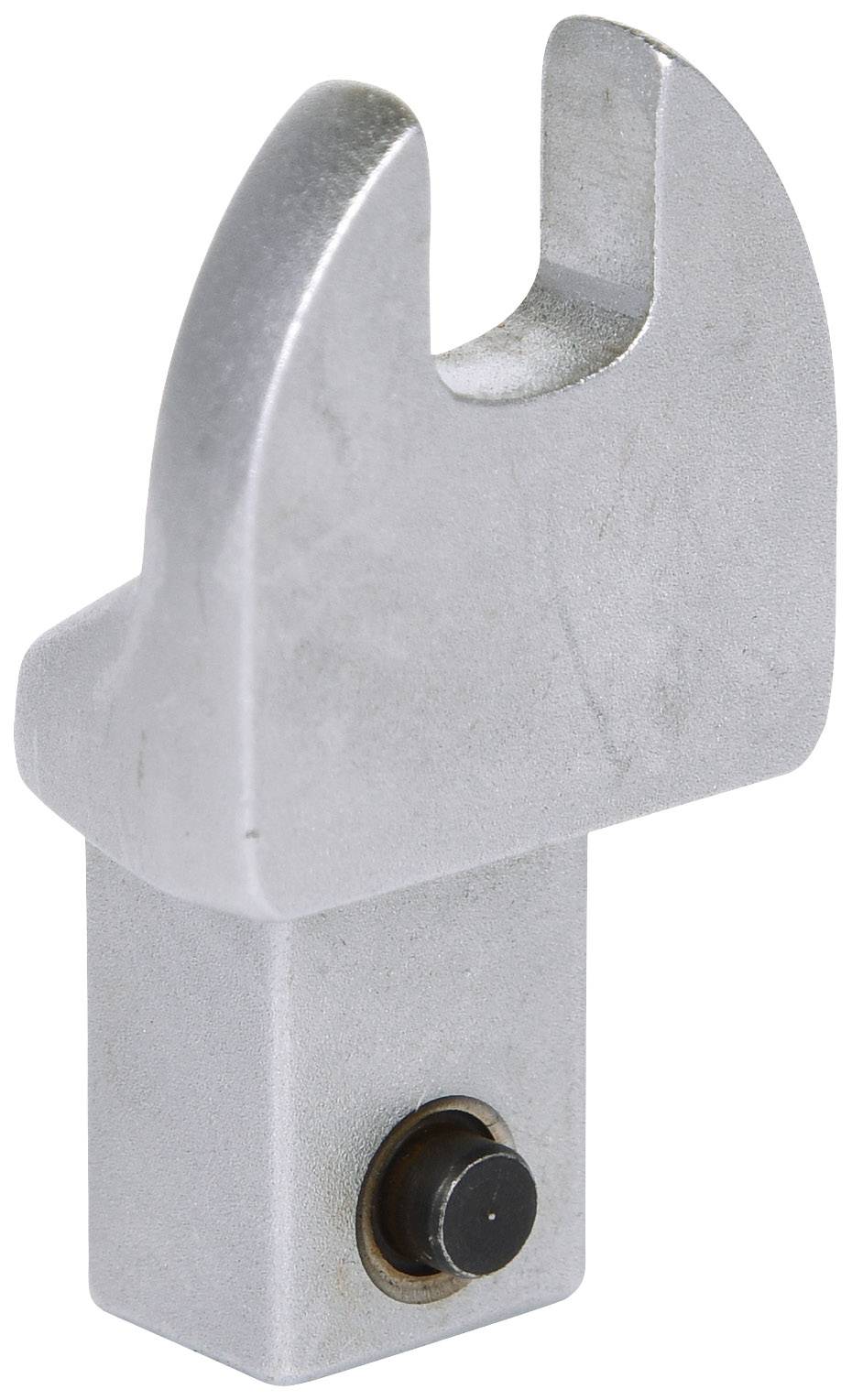 A metallic tool component in a hook shape with a rectangular base and a round screw at the front.