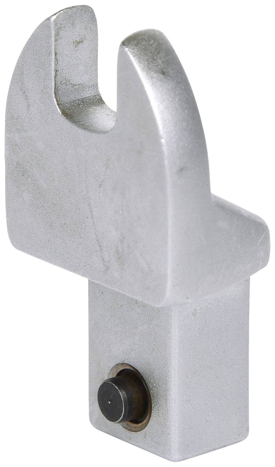 Metallic component with a hook shape and a round button at the base, potentially a tool attachment.