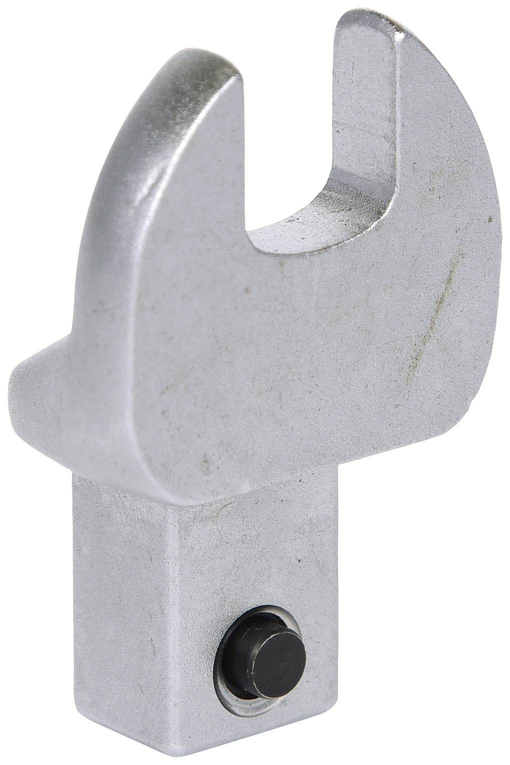 A silver padlock shackle adapter for plug keys with a square base and side locking button.