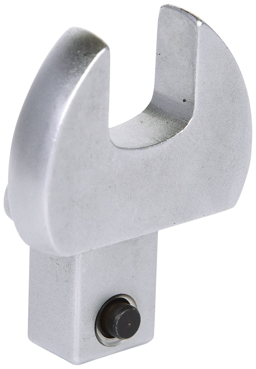 A silver, crescent-shaped metal tool used for gripping and turning hexagonal nuts or bolts.