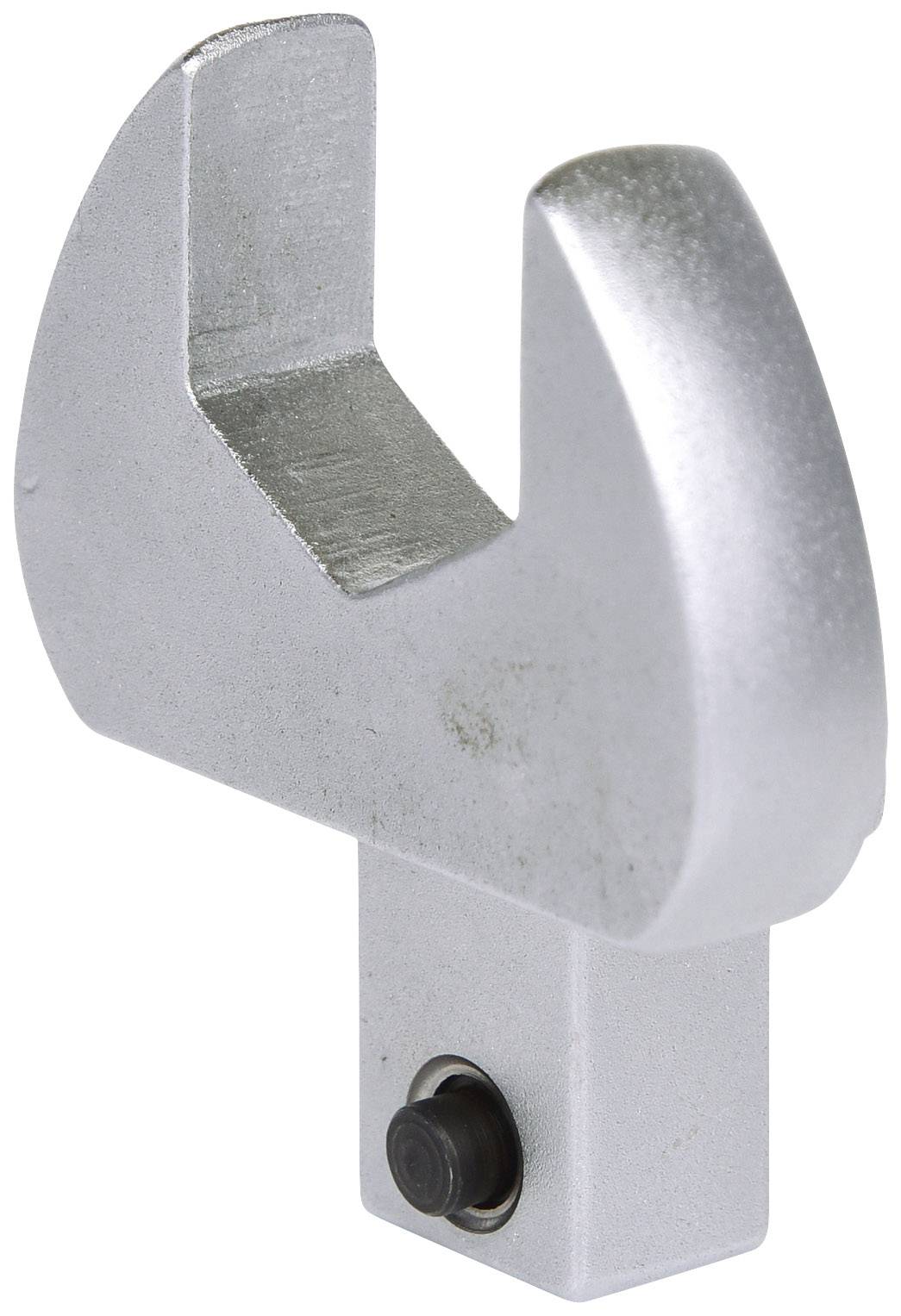 Silver, U-shaped metal attachment with a cylindrical handle, probably a tool attachment, against a white background.