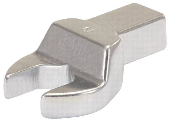 Metal key with a trapezoidal handle and open fork.