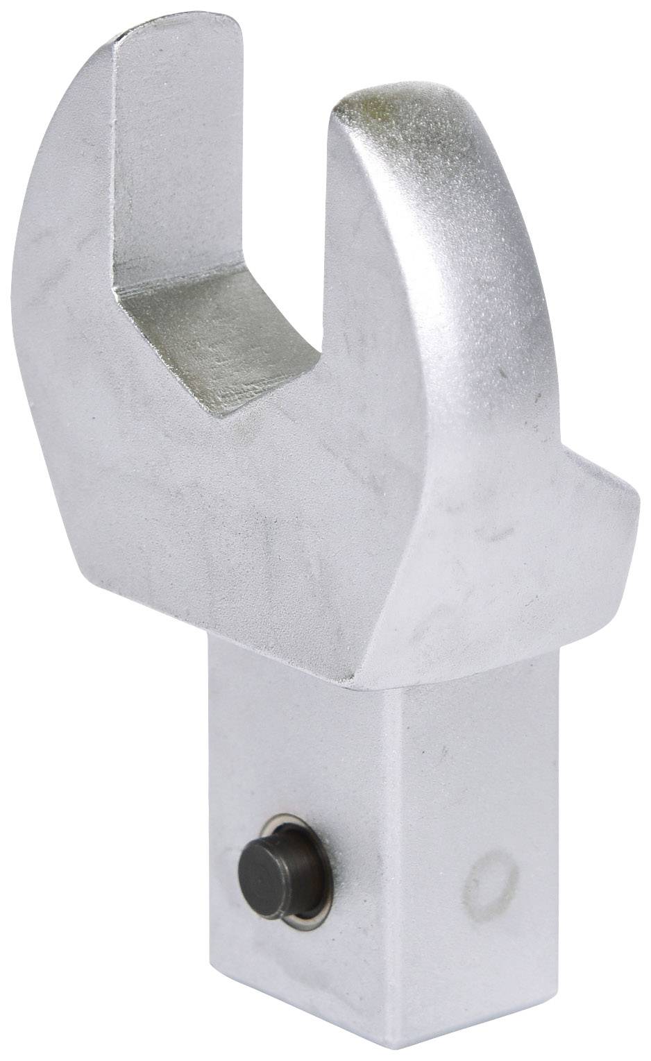 Metal spanner attachment with a rectangular base and a round, open-formed upper section for gripping and turning nuts.