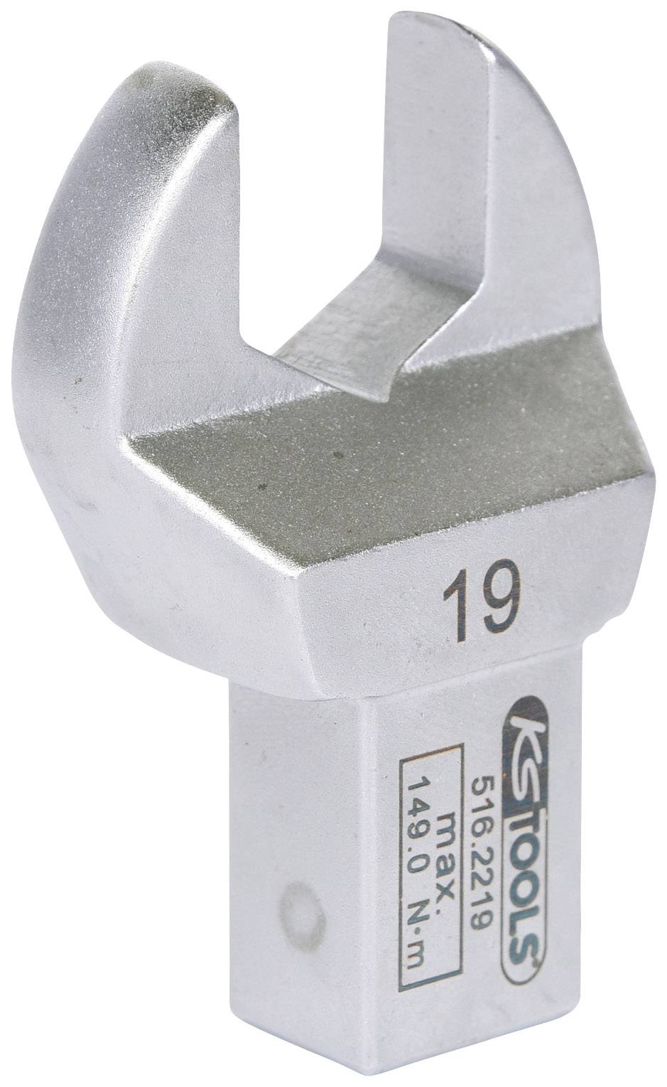 Open-ended metal spanner head with '19' marking, part of a tool system, suitable for various screw sizes.