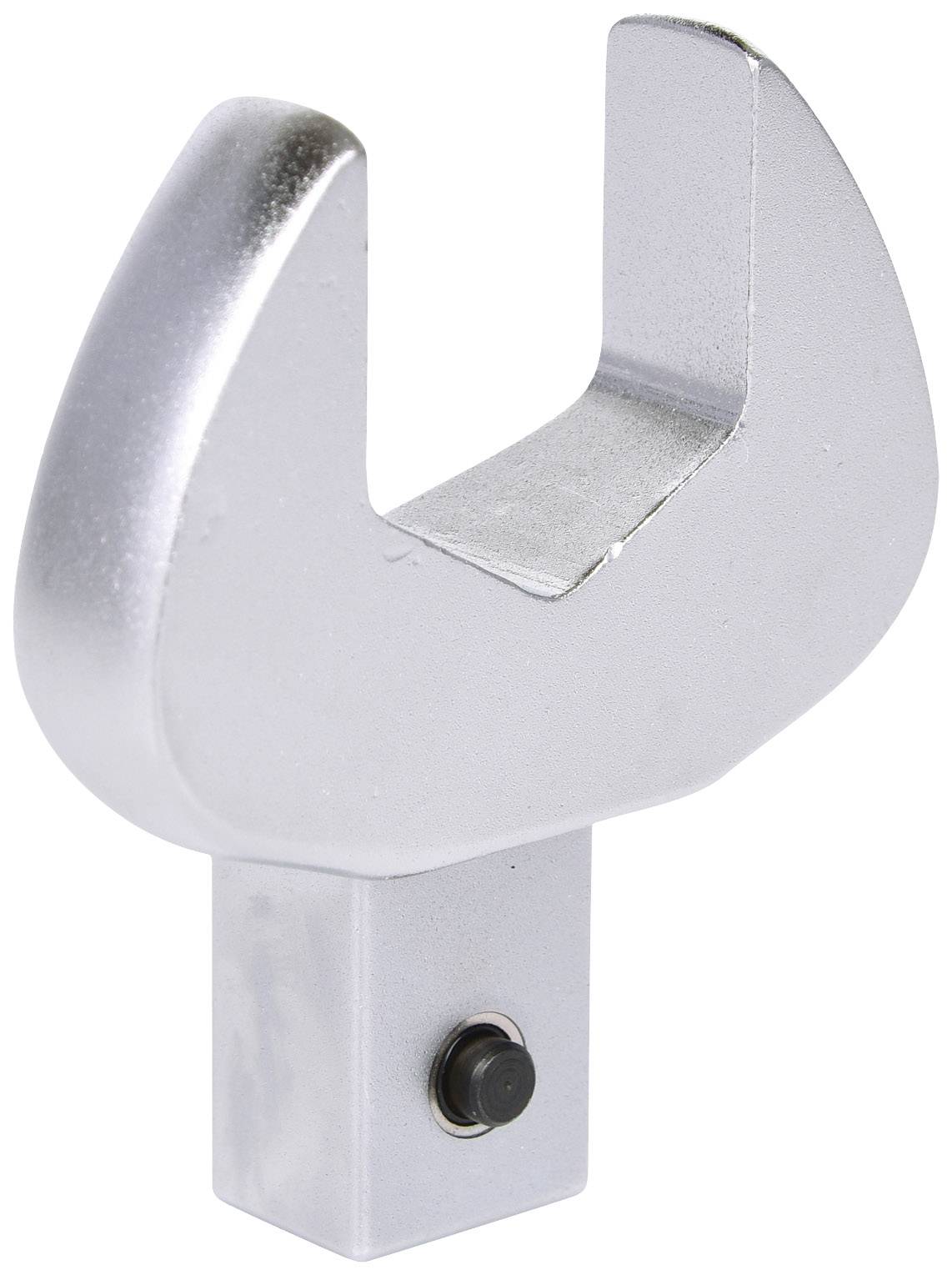A silver-coloured, open spanner head attachment for a torque wrench.