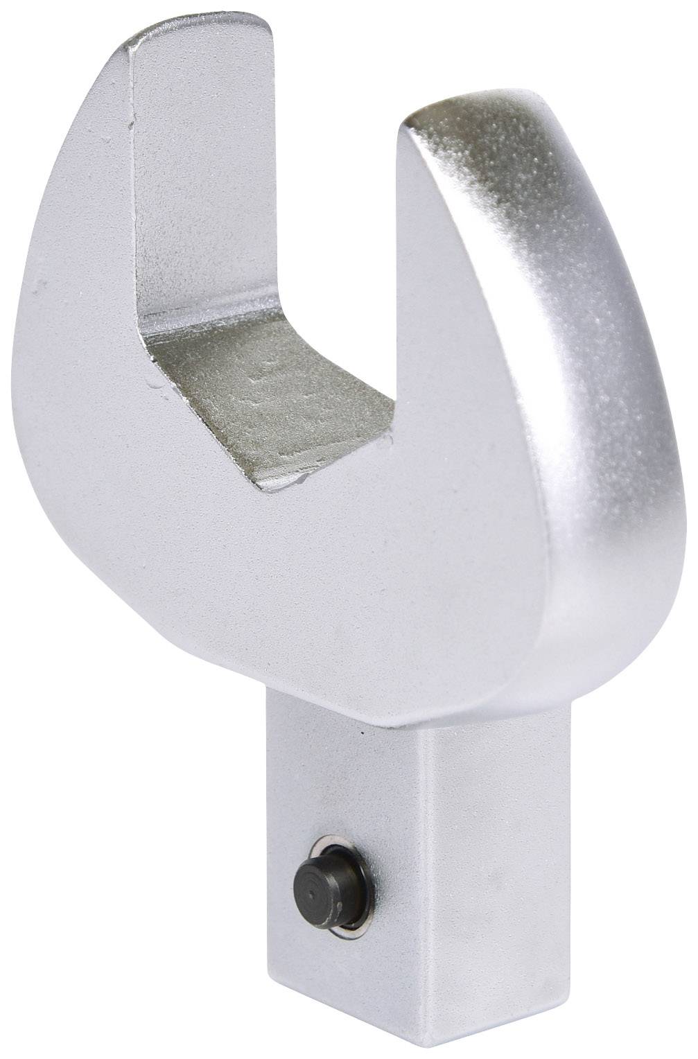 A silver U-shaped hook with a small black button at its base.