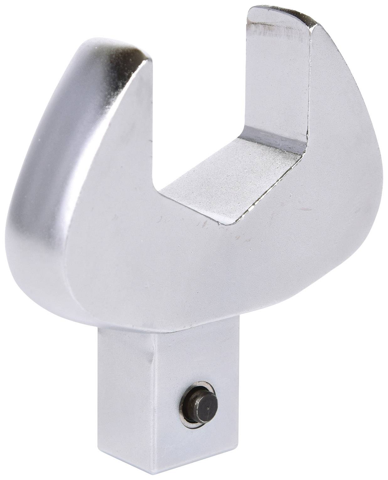 Metal U-shaped bracket, silver-coloured and gleaming, with a square base and a fixing screw.