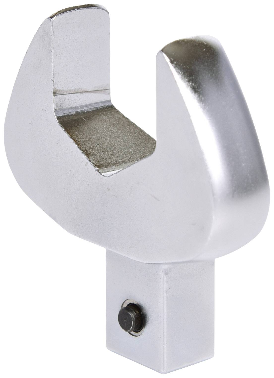 Metallic fork head with a square base and screw hole, for attachment to other components.