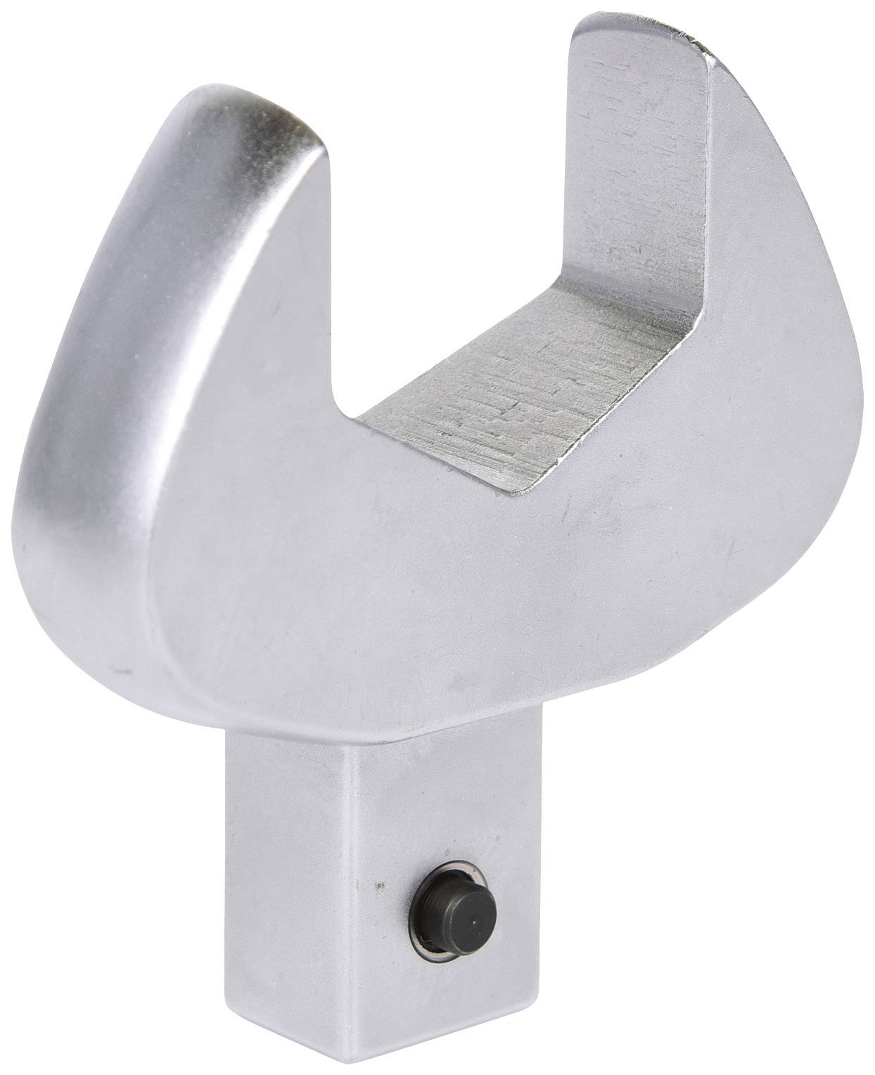 Silver hook coupling, presumably for a tool or device, with rectangular base and press button.