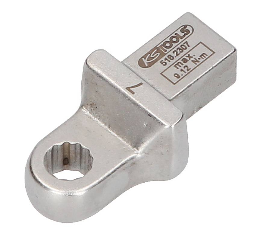 Silver-coloured tool adapter with a square base and a round, toothed mounting ring. 'KS TOOLS' is engraved on the top.