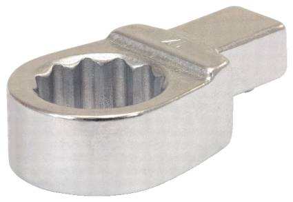 A silver screw head attachment with a gear-shaped opening for securing to a spanner.