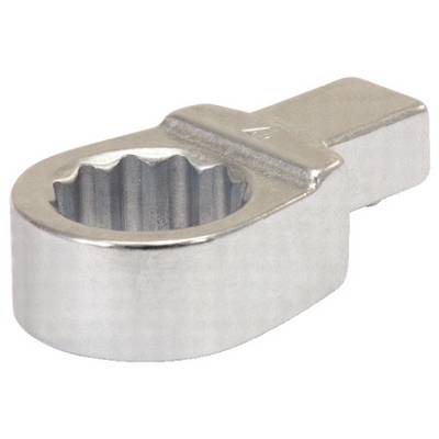 Silver-coloured ring key attachment with a serrated inner surface and rectangular end for securing to a torque wrench.