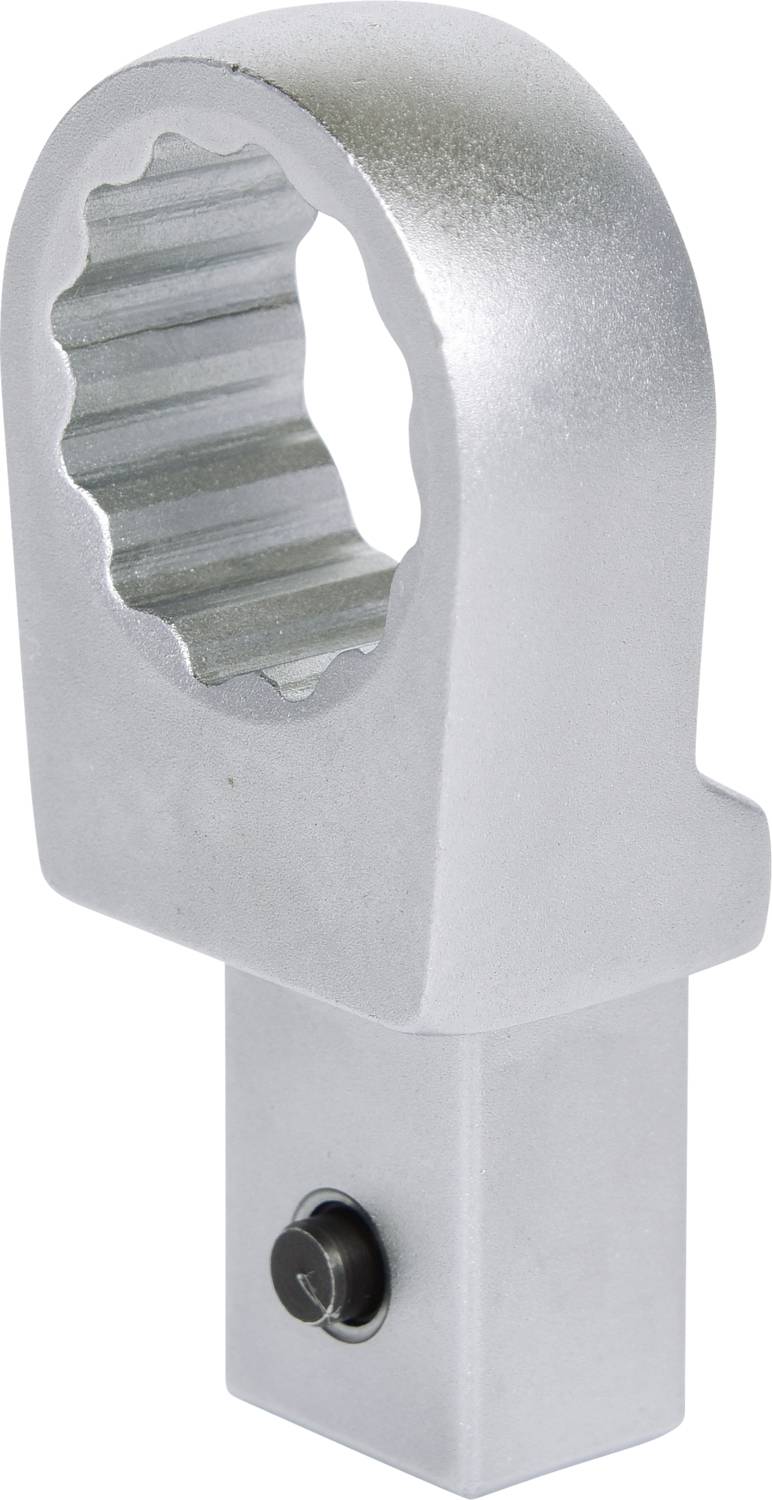 Silver-plated socket key attachment with a round, toothed head and square base. Used for tightening screws or nuts.