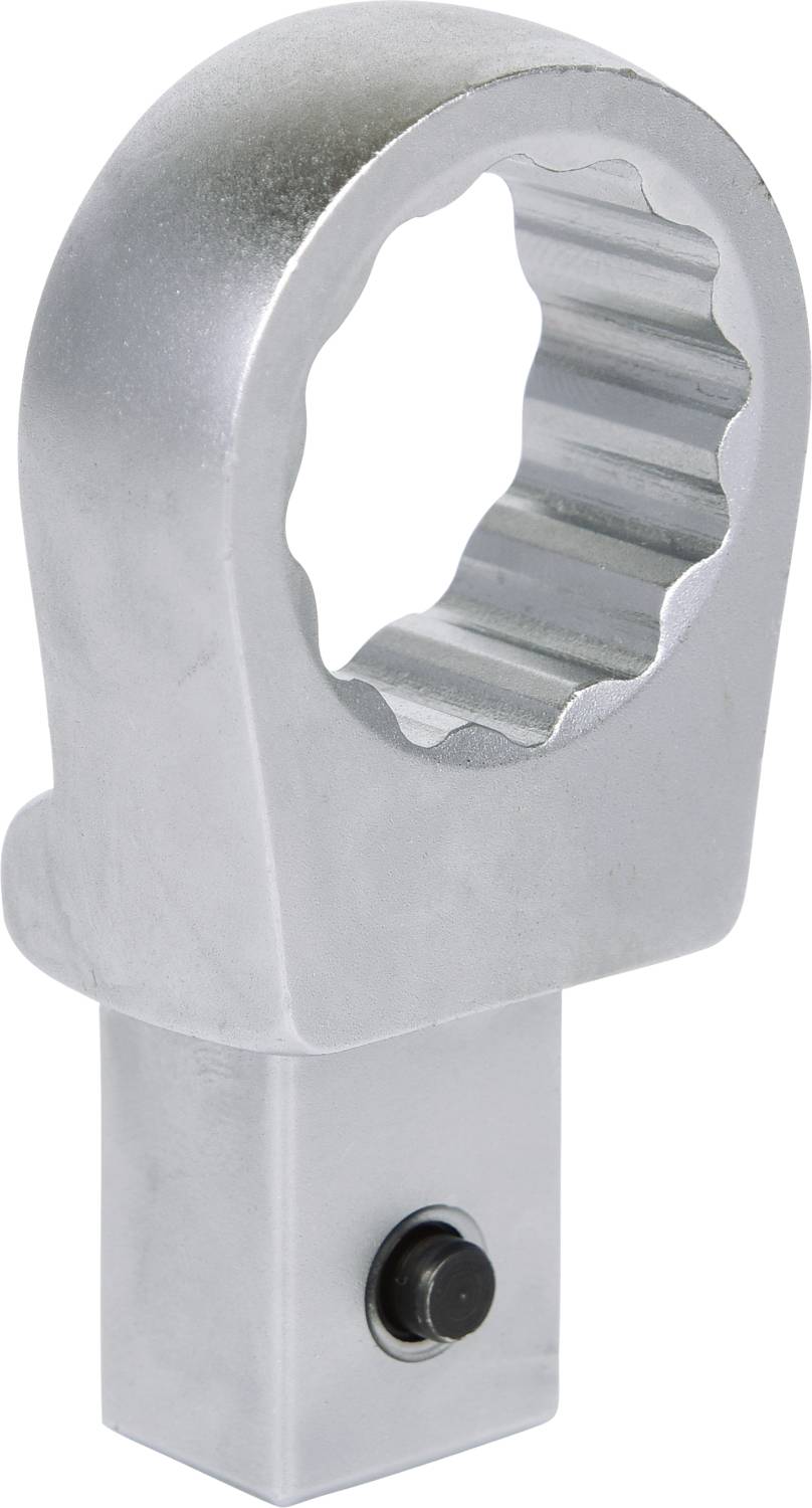 Metal spanner attachment with an oval opening and serrated internal profile, suitable for precise nut gripping.