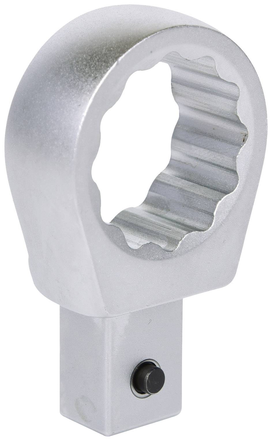 A silver tool attachment with an oval end and fluted edges for use in mechanical applications.