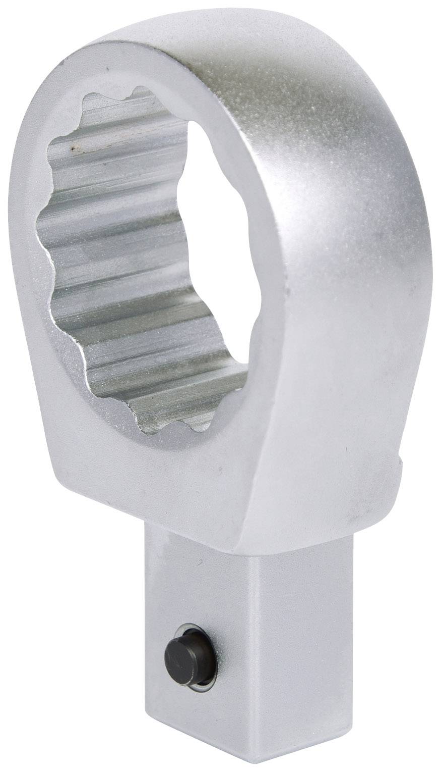 A silver ring spanner with toothed inner surface and square connection for attachment to a tool handle.