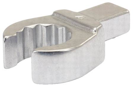 A silver U-shaped spanner with a serrated inner surface, used for tightening or loosening screws or nuts.