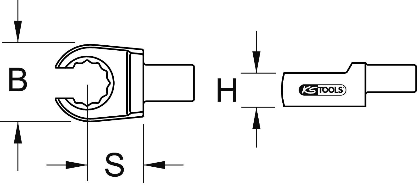 Diagram of an open ring spanner with dimensions B and S, and height H. 'KS TOOLS' marking on the side of the spanner.