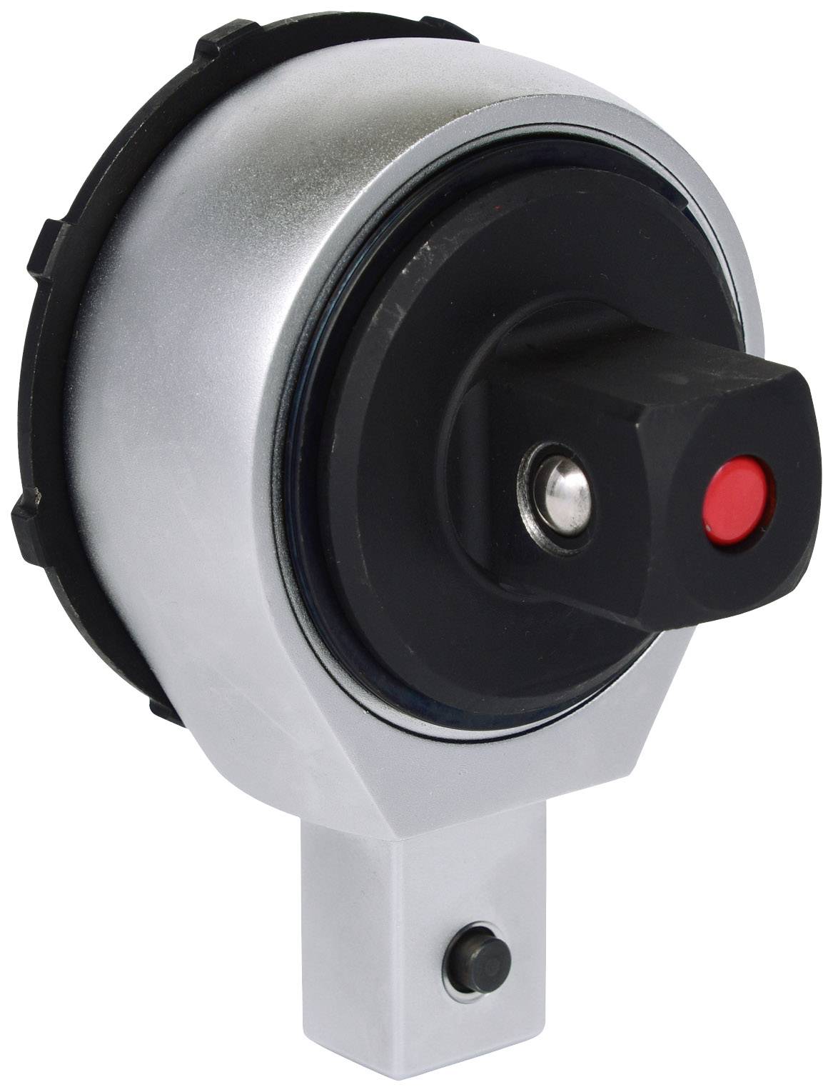 A silver, cylindrical device with a black and red button, likely an electrical switch or a mounting component.