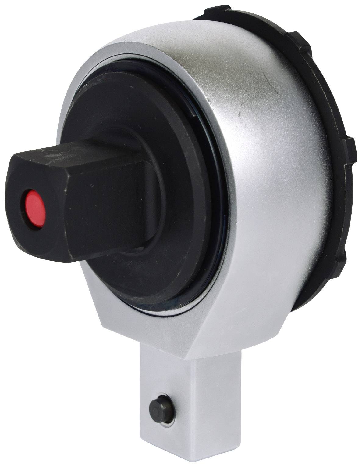 A square towing marker pen in silver metal with a black twist grip and red dot, against a white background.