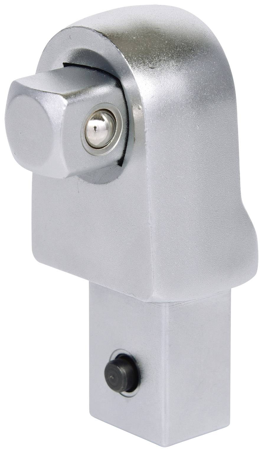 Metal lock in silver, with a cylindrical fastener at the top, rectangular in shape at the bottom with a small black button on the front.