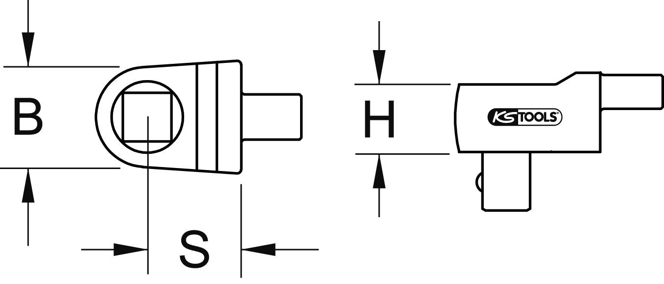 Drawing of a tool with dimensions: W, D, and H. The tool shows the top view and side view with KS Tools logo.