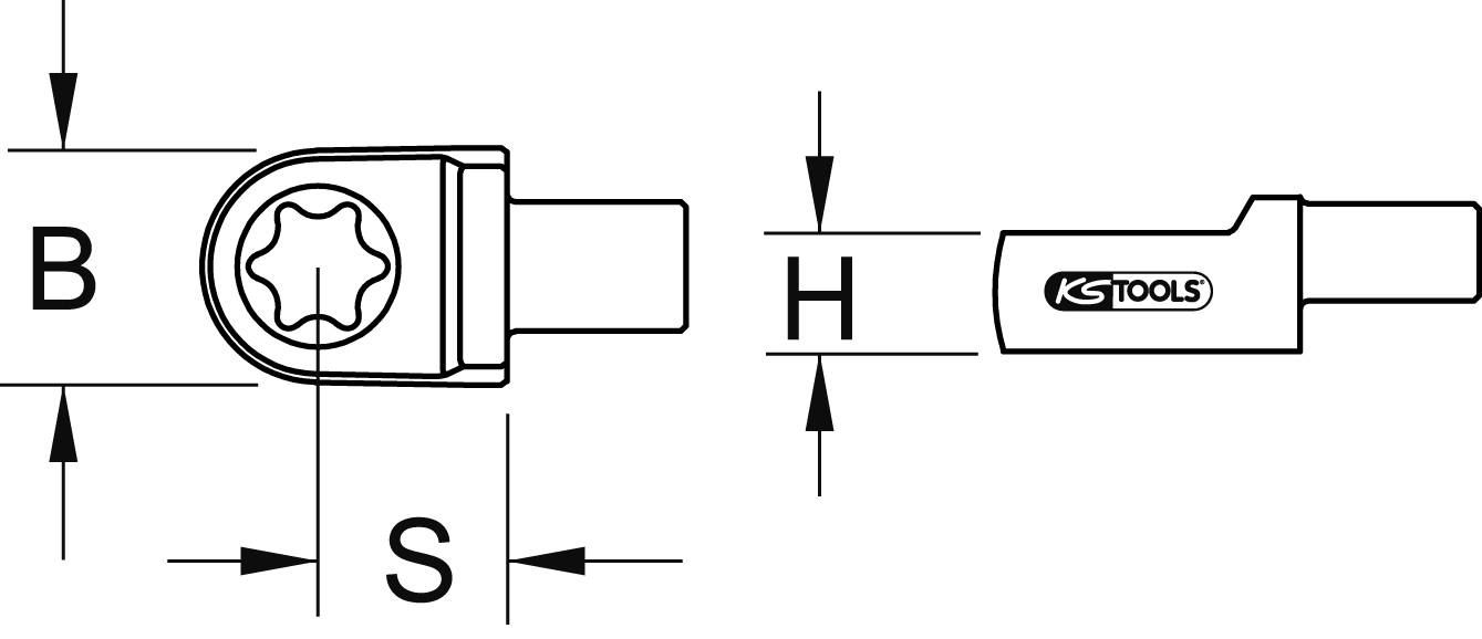 Technical drawing of a plug socket adapter with dimensions B, H and S, and the KS Tools logo on the side.
