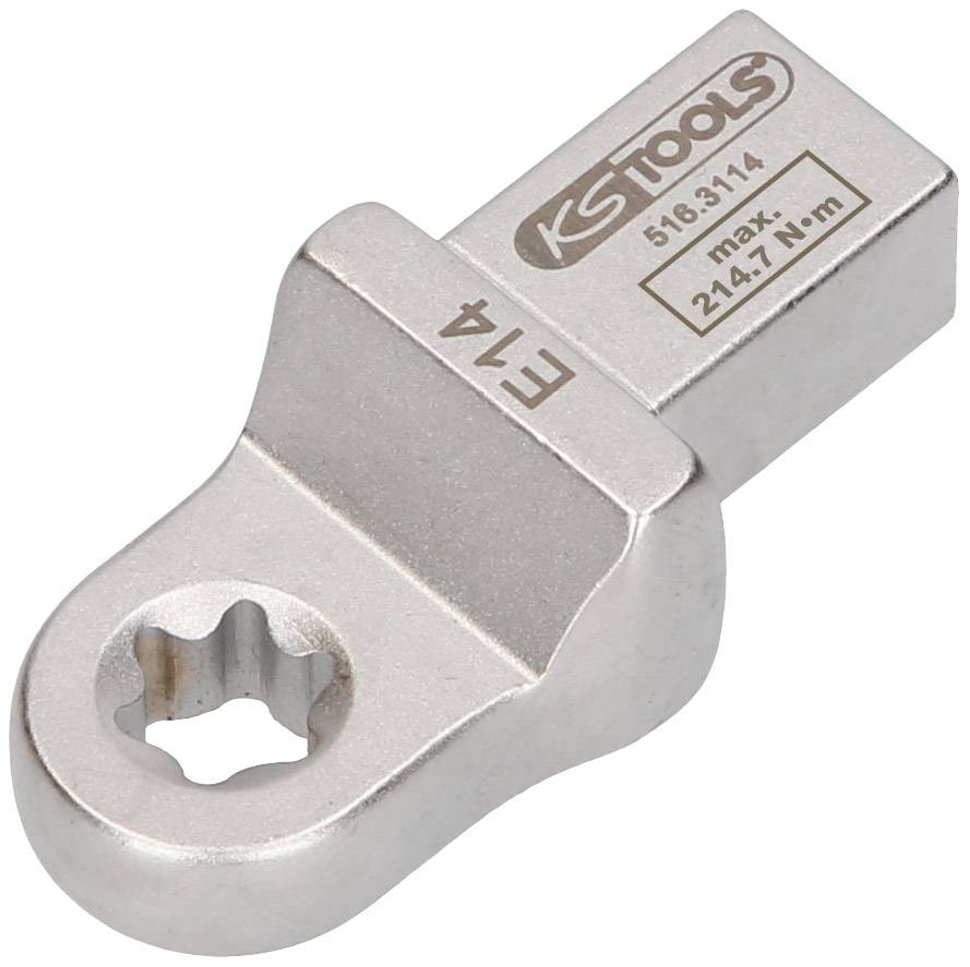 Tool attachment in the form of a flat ring spanner with a Torx opening and square connection, marked with 'E14'.